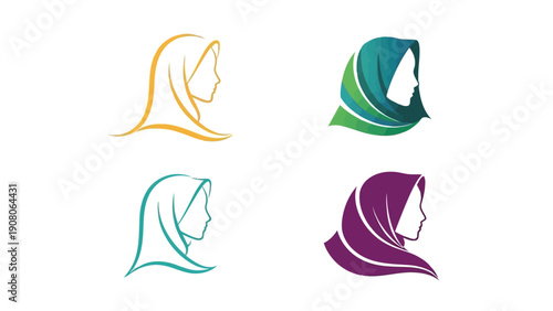 Elegant stylized designs of headscarves in various colors and patterns
