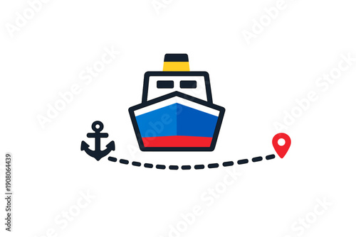 A flat vector illustration of a blue and red ship positioned between an anchor and a red location pin on a black background, representing maritime logistics and navigation routes.