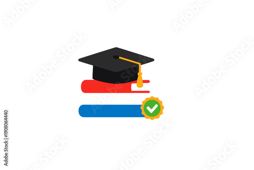 A black graduation cap with a yellow tassel sits on a stack of three colorful books. A yellow seal with a green checkmark is attached to the side of the bottom blue book on a black background.