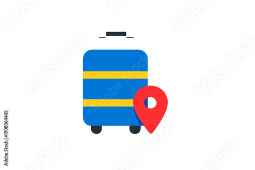 This 3D render features a blue travel suitcase with yellow accents and a red map pointer icon, symbolizing luggage tracking and vacation planning on a dark textured background.