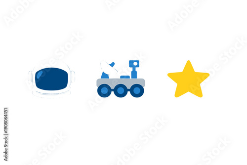 Three space-themed icons including a white astronaut helmet, a gray lunar rover with blue wheels and a satellite dish, and a yellow five-pointed star set against a solid black background.