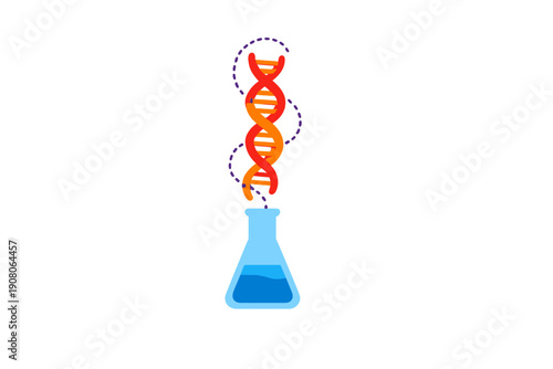 A stylized illustration featuring a colorful DNA double helix rising from a blue Erlenmeyer flask with liquid, surrounded by purple dashed lines on a black background.