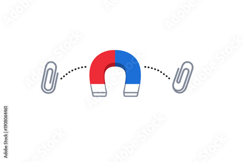 This illustration shows a red and blue horseshoe magnet pulling two grey paperclips towards its poles. Dotted lines represent the force of attraction on a dark background.