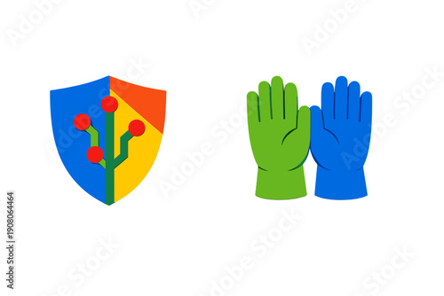 This graphic shows a multicolored shield with a circuit design next to a pair of green and blue gloves, symbolizing digital security and protection on a black backdrop.
