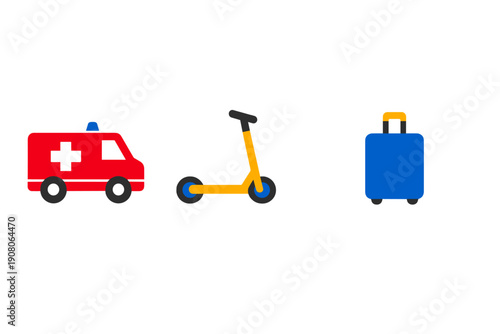 A minimalist flat illustration featuring a red ambulance with a white cross, an orange kick scooter, and a blue travel suitcase, all arranged horizontally on a solid black background.