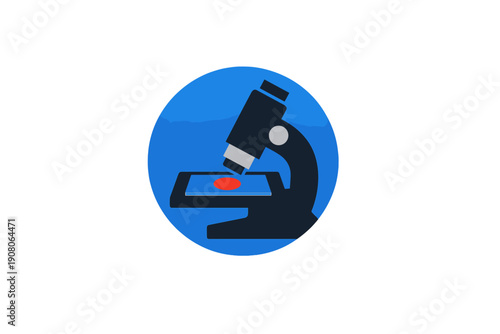 A flat illustration of a dark gray microscope on a blue circular background. The microscope is examining a red sample on a slide, representing scientific research and laboratory work.