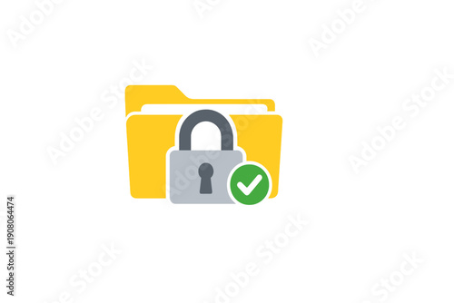 A yellow digital folder icon is secured with a grey padlock and a green checkmark symbol, representing data protection and successful file encryption on a black background.