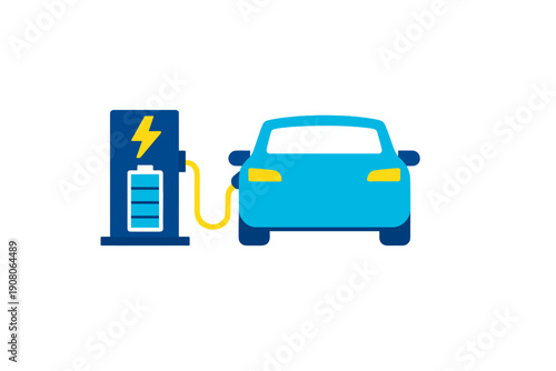 A flat illustration of a blue electric car connected to a charging station by a yellow cable. The station features a lightning bolt icon and a battery level indicator on a black background.
