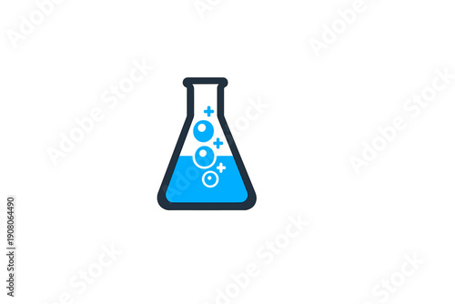 This flat design illustration features a conical flask with blue fluid and floating bubbles on a dark background. It represents scientific research, chemistry, and experimentation.