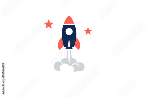 A flat illustration of a dark blue rocket ship with red fins and a nose cone launching into space against a black background, accompanied by two red stars and white smoke.