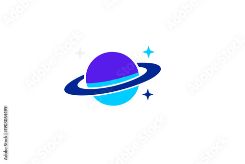 This vector graphic features a stylized purple and light blue planet with a dark blue ring and three small stars, all set against a plain black background for a space theme.
