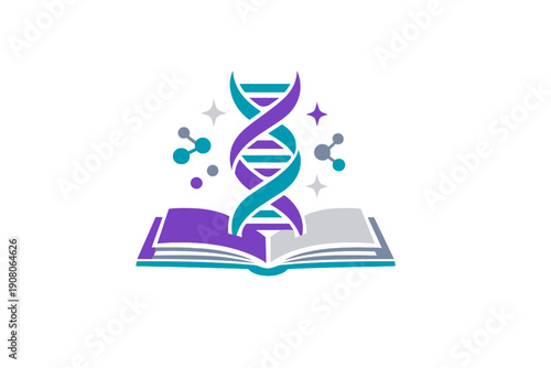This vector graphic features a purple and teal DNA strand emerging from an open book with molecular icons and stars, symbolizing genetic research and scientific learning.