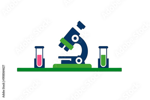 A flat illustration of a dark blue microscope positioned between two test tubes containing pink and green liquids, all resting on a solid green surface against a black background.