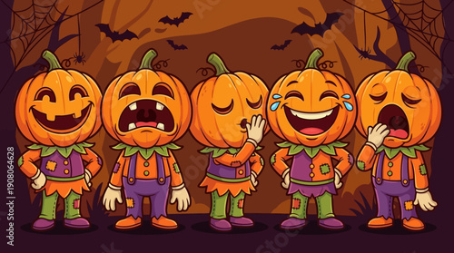Cute Halloween Pumpkin Characters Showing Different Emotions: Happy, Laughing, Crying, Yawning. Funny Jack-o'-Lantern Group Illustration for Spooky Night.