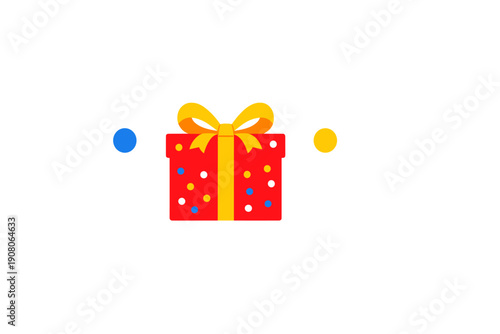 A red gift box with a yellow ribbon and bow sits on a black background. It is decorated with colorful polka dots and flanked by a blue and a yellow circle in a flat illustration style.