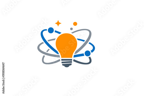 A graphic illustration of an orange light bulb surrounded by blue and grey atomic orbits with small circular elements, symbolizing innovation and scientific discovery on a black backdrop.