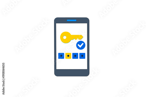 A stylized illustration of a smartphone displaying a yellow key, a blue checkmark, and a password entry field with four dots on a white screen against a black background.