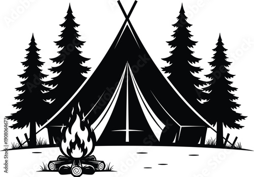 Outdoor camping adventure silhouette with tent bonfire and pine forest trees, black camp site icon, cad drawing flat vector illustration for travel