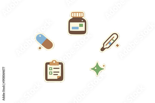 A collection of various medical icons including a medicine bottle, thermometer, sparkle, clipboard, and capsule pill arranged in a circle on a solid black background.