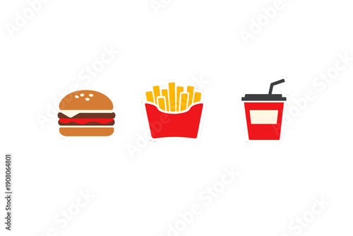 A flat illustration featuring three fast food icons including a hamburger, French fries in a red box, and a soda cup with a straw, all set against a solid black background.