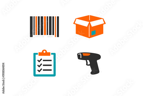A set of four logistics icons including a barcode, an open orange box, a checklist on a clipboard, and a handheld scanner, all presented in a flat sticker style on a black background.