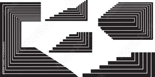 Geometric shapes with black and white striped patterns forming stairs