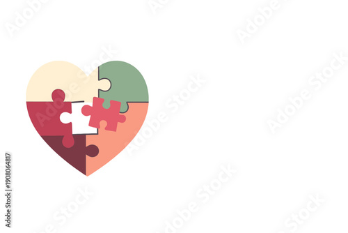 A colorful heart composed of interlocking puzzle pieces against a black background. One piece is missing from the middle, while another floats nearby, symbolizing incompleteness.