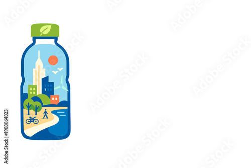 This flat vector illustration shows a water bottle filled with a sustainable city landscape featuring wind turbines, green spaces, and a person walking along a coastal path.