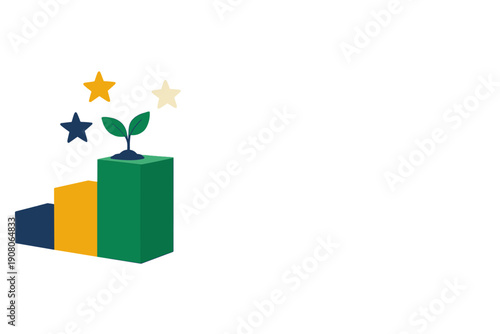 A flat illustration showing a bar chart with three rising columns in blue, yellow, and green. A small green sprout grows from the tallest bar, surrounded by three floating stars.