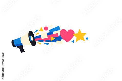 A blue and white megaphone emits colorful geometric shapes, a pink heart, and a yellow star against a black background. This flat vector illustration represents social media marketing.