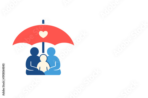 A flat illustration of a family of three sitting together under a large red umbrella with a heart symbol, representing protection, safety, and insurance concepts on a black background.