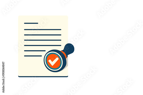 A flat illustration of a paper document with horizontal lines and a rubber stamp featuring a white checkmark, representing official approval and verification on a black background.