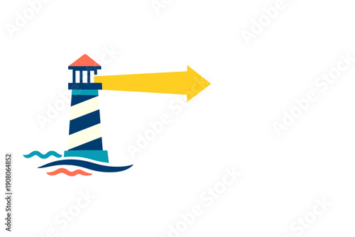 A flat vector illustration of a lighthouse with blue and white stripes and an orange roof, emitting a yellow beam of light over stylized waves against a solid black background.