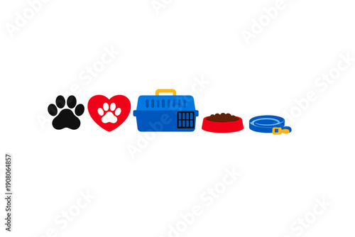 A collection of pet care icons including a black paw print, a red heart with a paw, a blue carrier, a red food bowl, and a blue leash, all arranged horizontally on a black background.