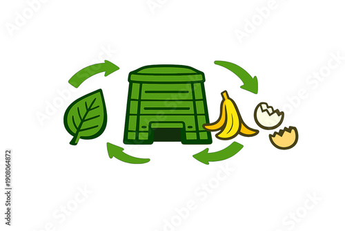 A green compost bin is surrounded by a leaf, a banana peel, and eggshells, with circular arrows indicating the process of recycling organic waste into compost.