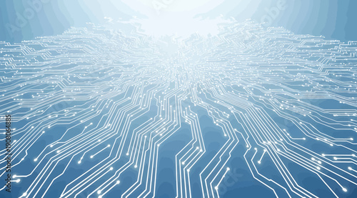 A blue and white image of a circuit board with a light shining through