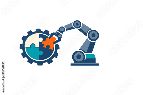 A flat illustration of a blue robotic arm placing an orange puzzle piece into a gear containing other puzzle pieces, symbolizing automation and integration on a black background.