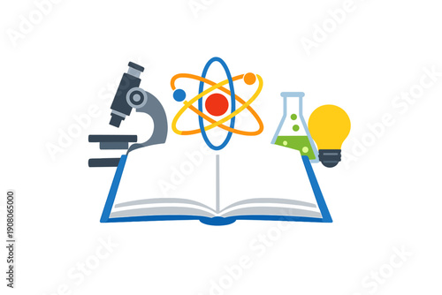 An illustration of an open blue book with scientific symbols including a microscope, an atom model, a laboratory flask, and a yellow light bulb on a black background.