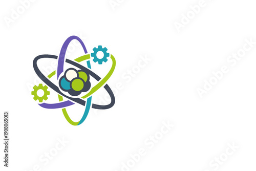 This graphic shows a colorful atom symbol with mechanical gears integrated into its electron orbits. The design uses purple, green, and teal colors against a solid black backdrop.