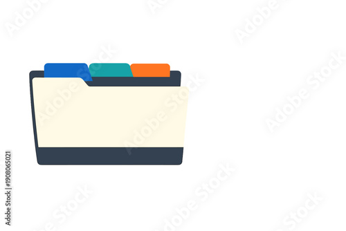 A flat vector illustration of a dark blue office file folder featuring a cream front flap and three colored tabs in blue, teal, and orange, set against a black background.