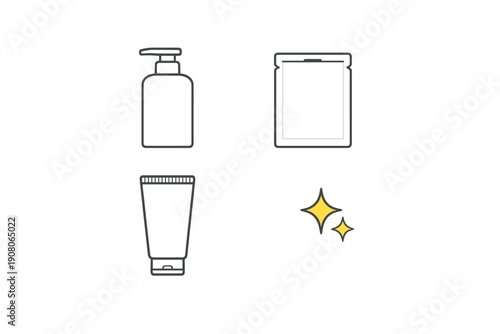 A collection of minimalist line art icons representing skincare products including a pump bottle, a sheet mask, and a squeeze tube, accompanied by yellow sparkle symbols on a black background.