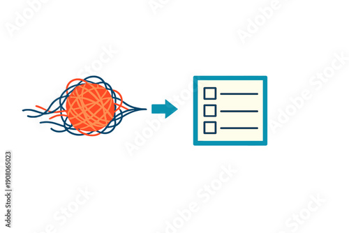 A conceptual vector graphic featuring a messy knot of lines on the left and a structured checklist on the right, connected by an arrow to represent simplification and order.