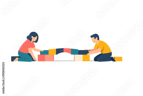 A man and a woman collaborate to construct a bridge from colorful blocks in this minimalist flat vector illustration. They are kneeling on a dark surface against a black background.