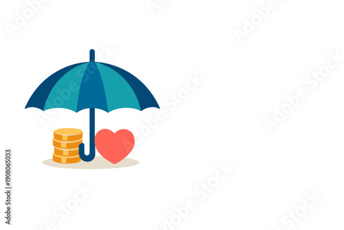 A flat vector illustration featuring a blue and teal umbrella providing protection for a stack of gold coins and a red heart, symbolizing financial and health security.