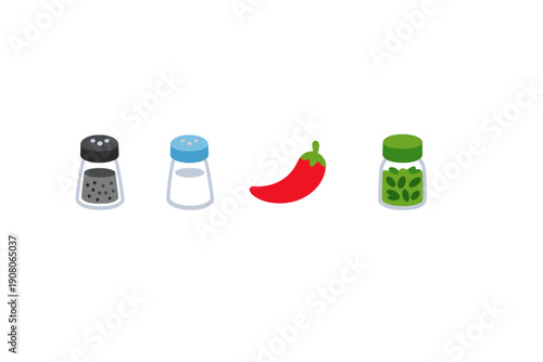A set of four colorful spice and seasoning icons including a black pepper shaker, a salt shaker, a red chili pepper, and a jar of green herbs, isolated on a black background.