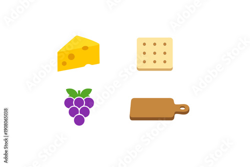 A flat vector illustration featuring a wedge of Swiss cheese, a square cracker, a bunch of purple grapes, and a wooden cutting board arranged on a solid black background.