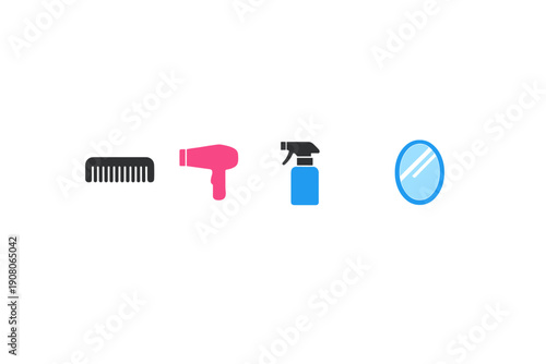 A collection of four minimalist hair styling icons including a black comb, a pink hair dryer, a blue spray bottle, and an oval mirror, all arranged horizontally on a black background.