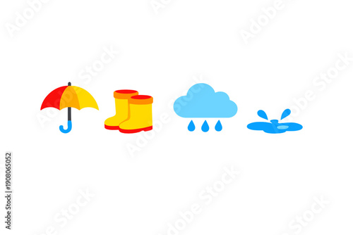 A set of four colorful weather icons including a bright umbrella, yellow rain boots, a blue rain cloud, and a water puddle set against a dark background with rain streaks.