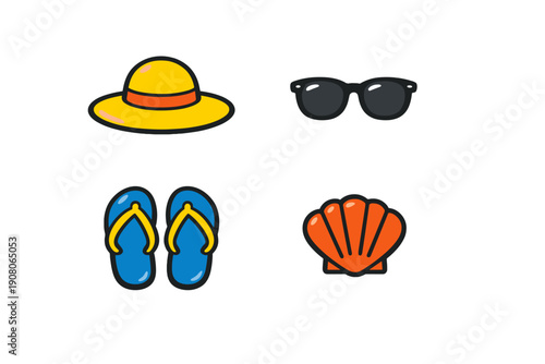 A collection of four colorful beach-themed icons including a yellow sun hat, black sunglasses, blue flip-flops, and an orange seashell, all set against a solid black background.