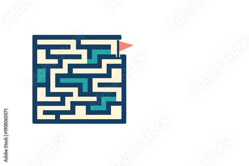 A flat vector illustration of a square maze with cream paths and teal accents on a black background. A small pink triangle points towards the exit on the right side of the puzzle.